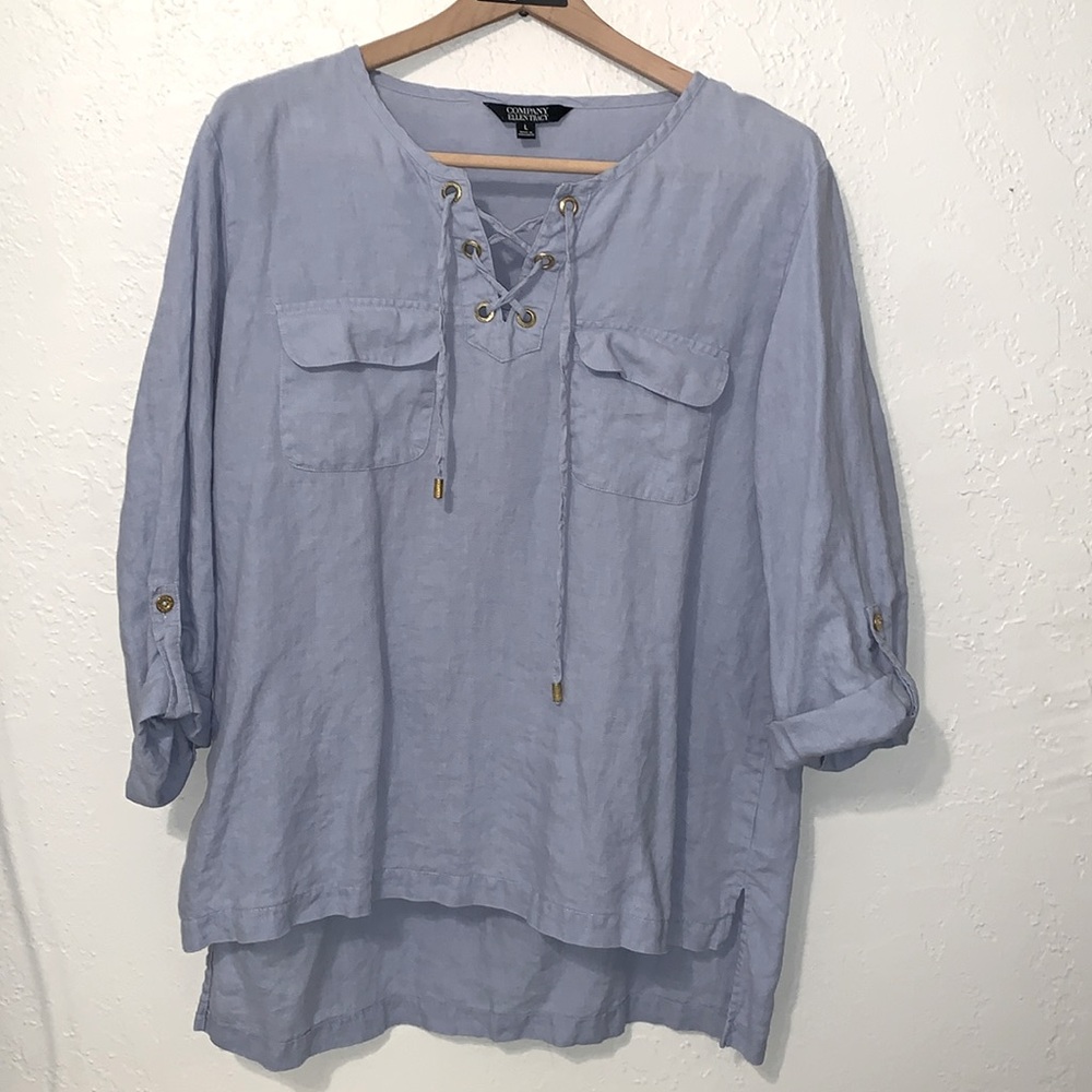 Company Ellen Tracy Linen Tunic Blouse L Lace Up Pockets Blue